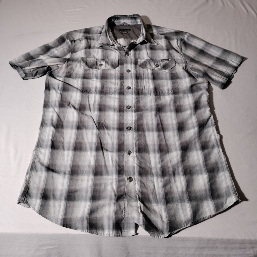 Eddie Bauer Shirt Fishing Short Sleeve Gray Plaid‎ Men TL Cotton Blend